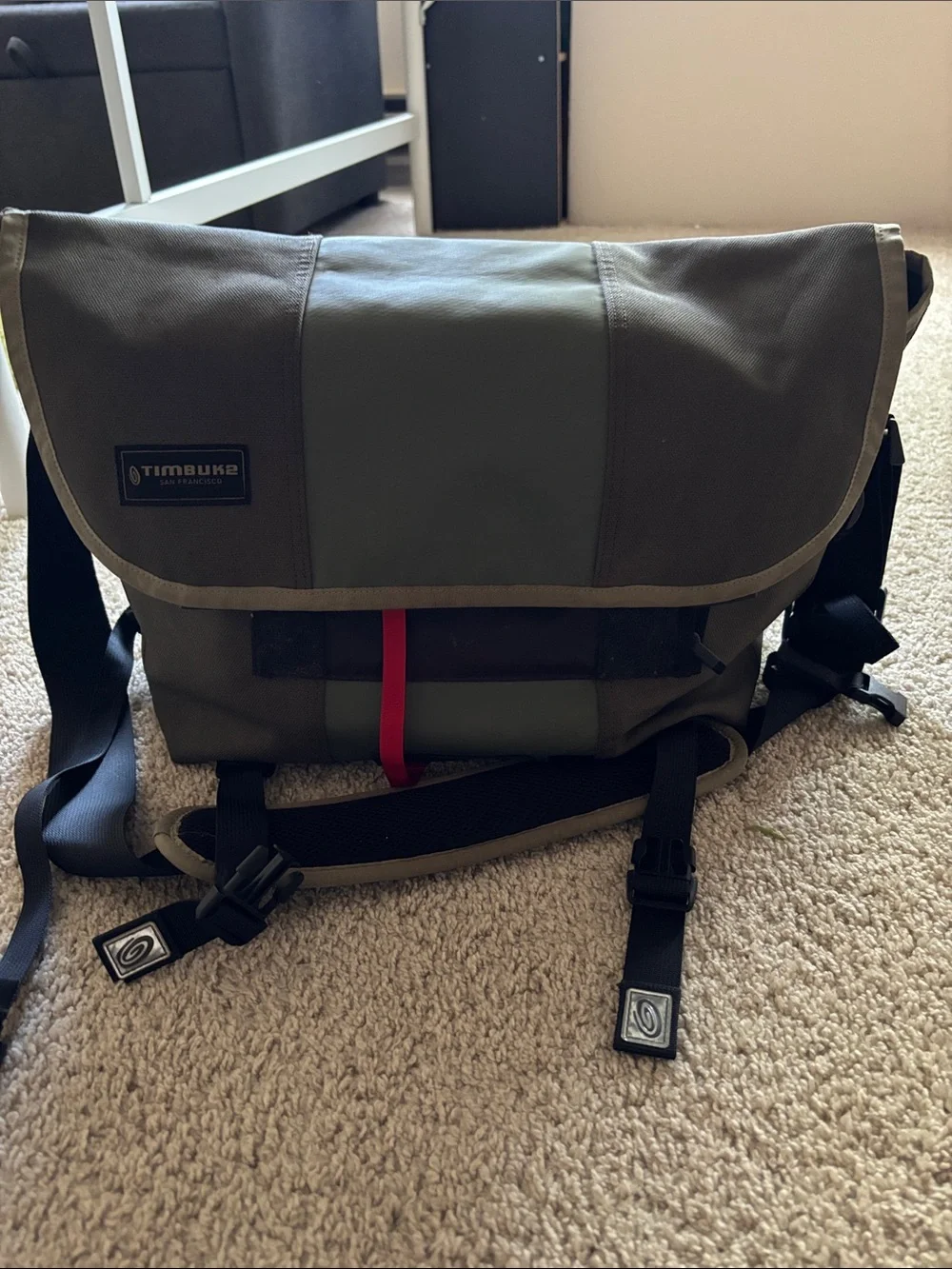 Timbuk2 medium Olive and Dark Gray Messenger Bag with Red Accent